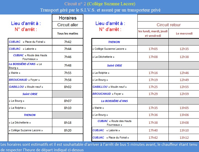 Horaires circuit 2