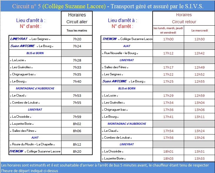 Horaires circuit 5