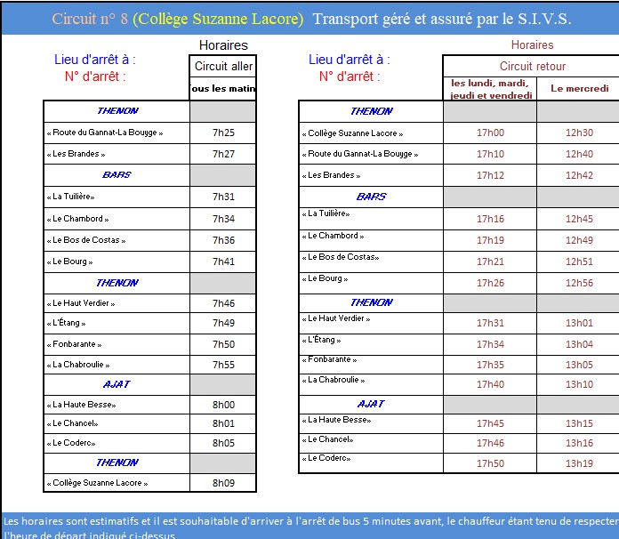 Horaires circuit 8